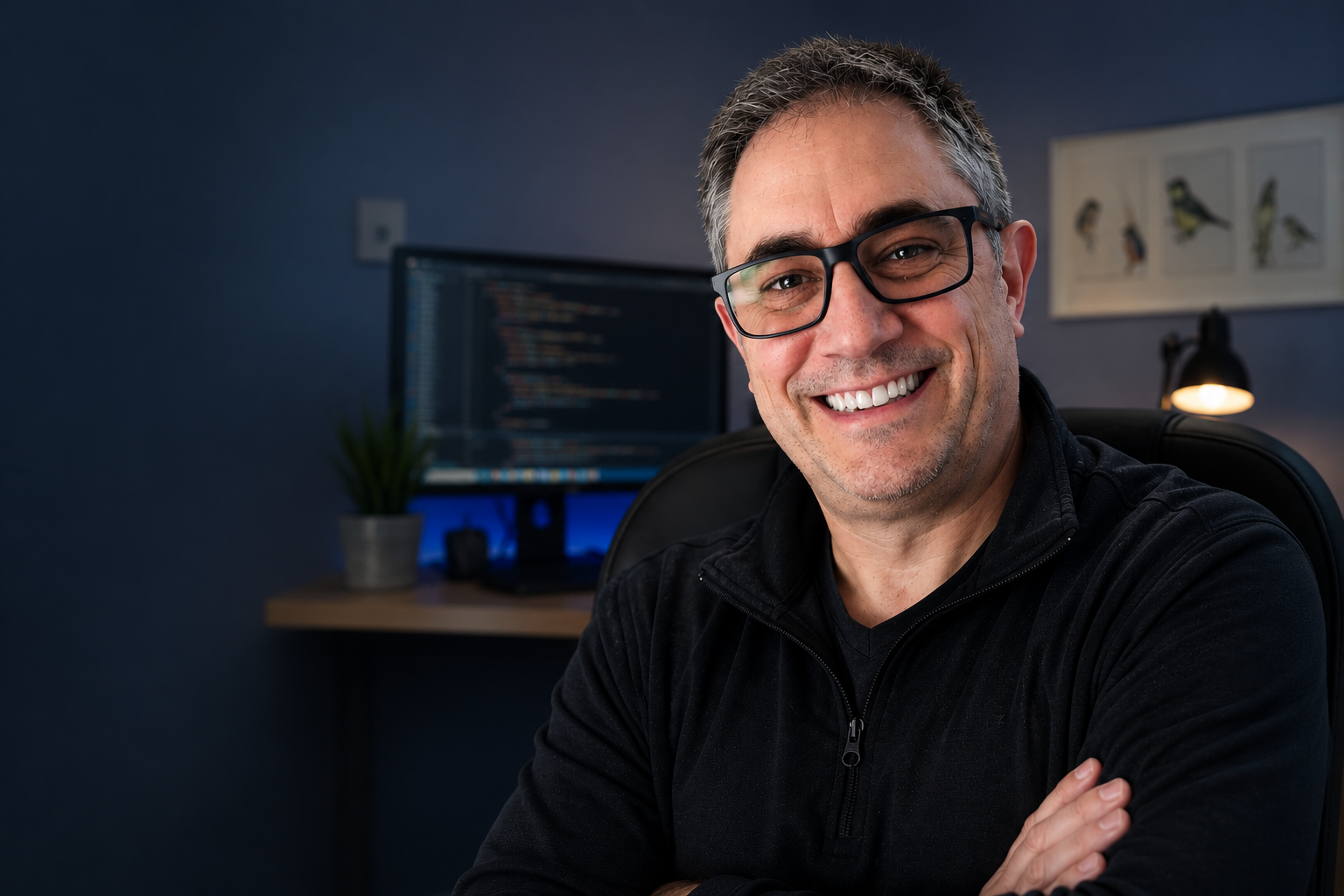 Dave working at a desk with code on screen
